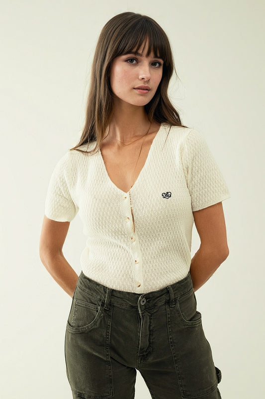 White cardigan with short sleeves and front closure with button - Cardigans