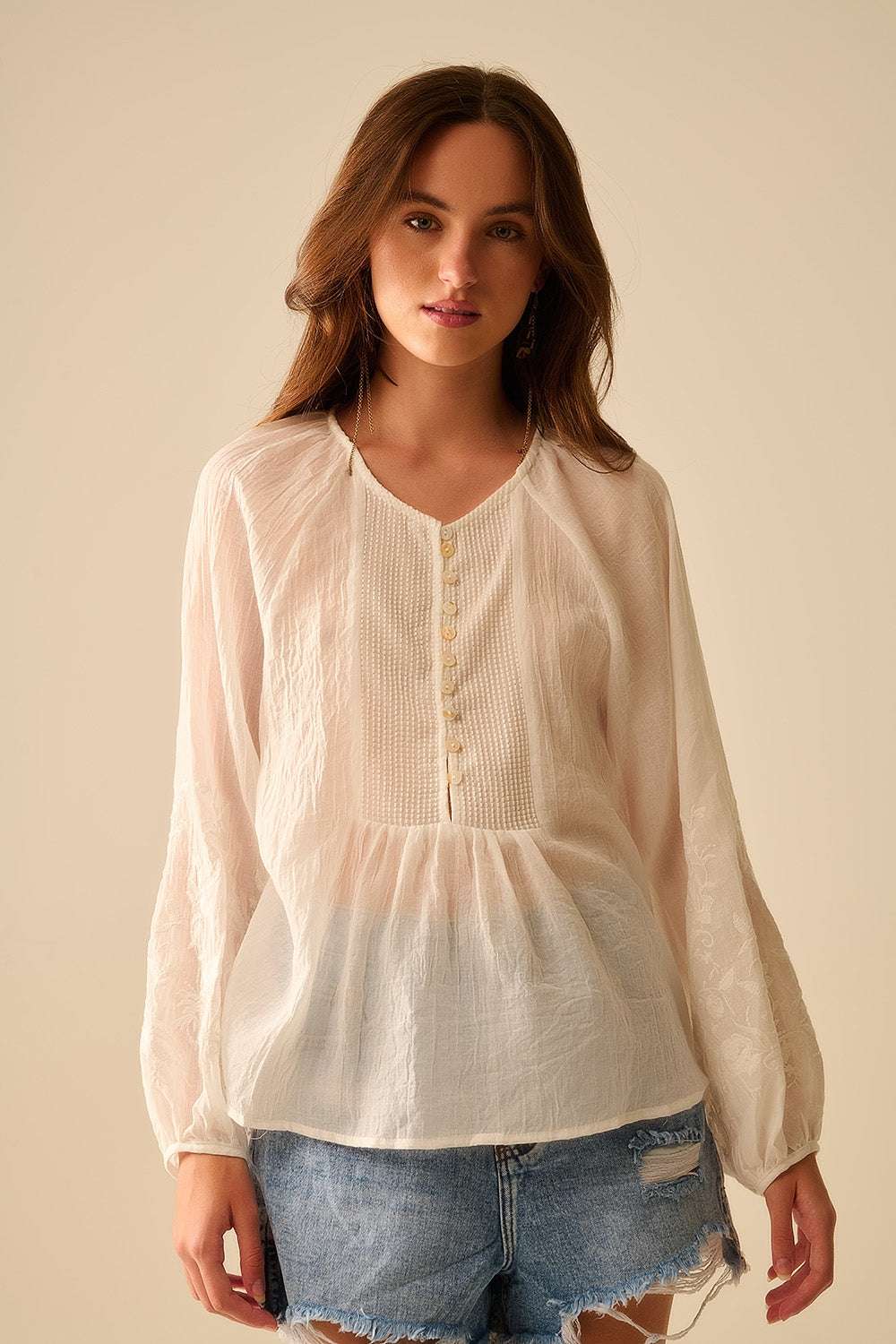 white chiffon blouse with embroidery on the sleeves - Blouses