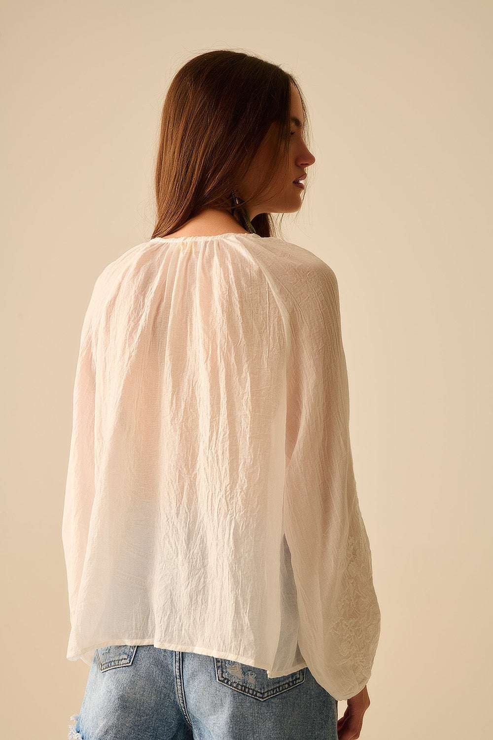 white chiffon blouse with embroidery on the sleeves - Blouses