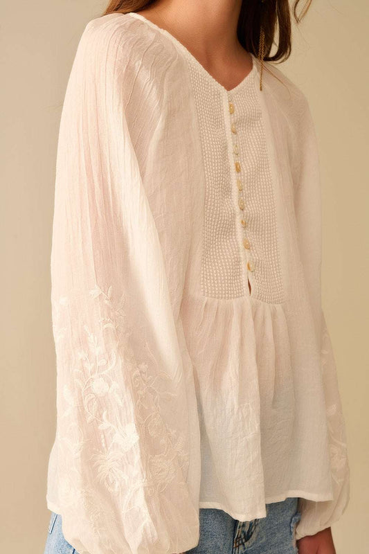 white chiffon blouse with embroidery on the sleeves - Blouses