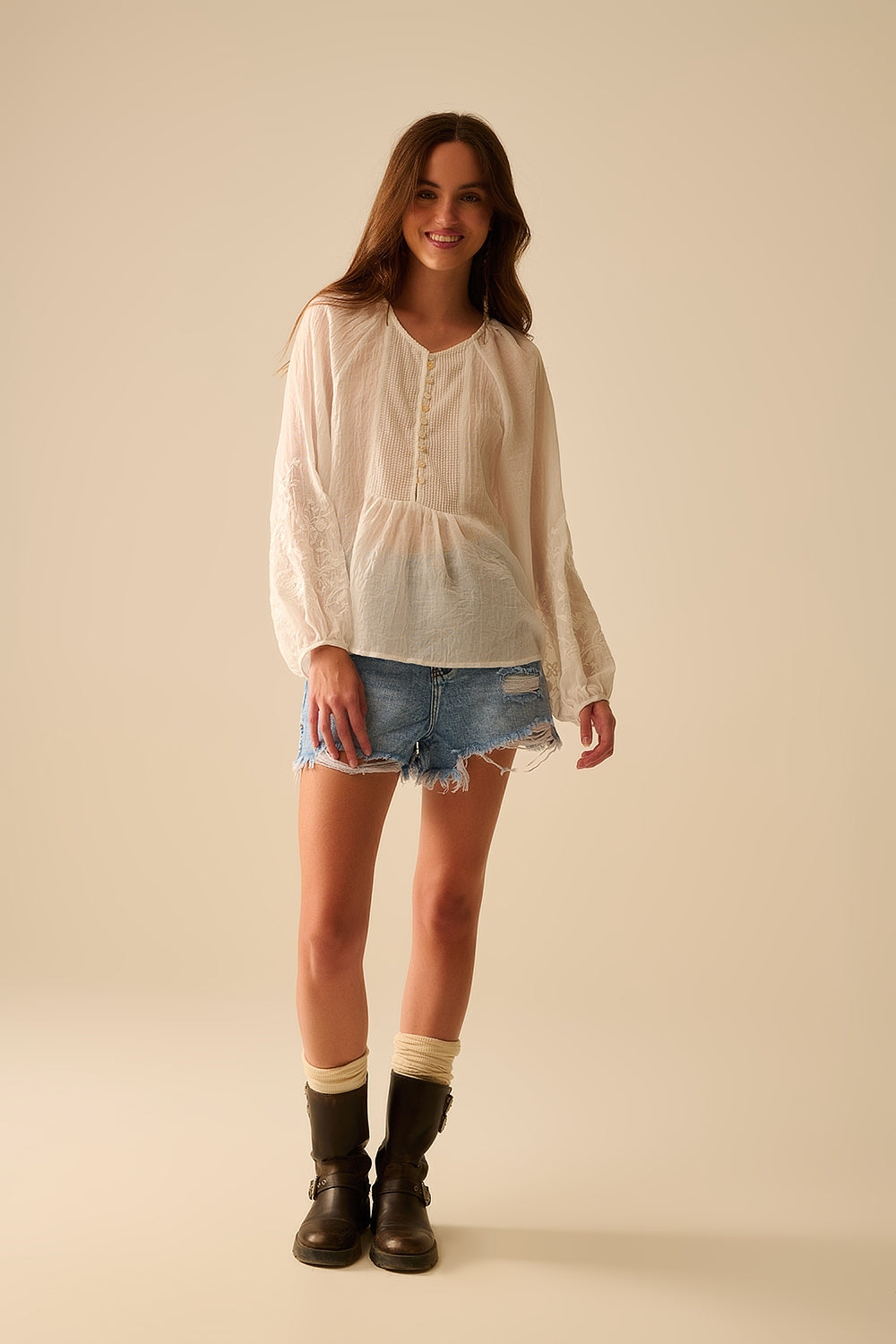 white chiffon blouse with embroidery on the sleeves - Blouses