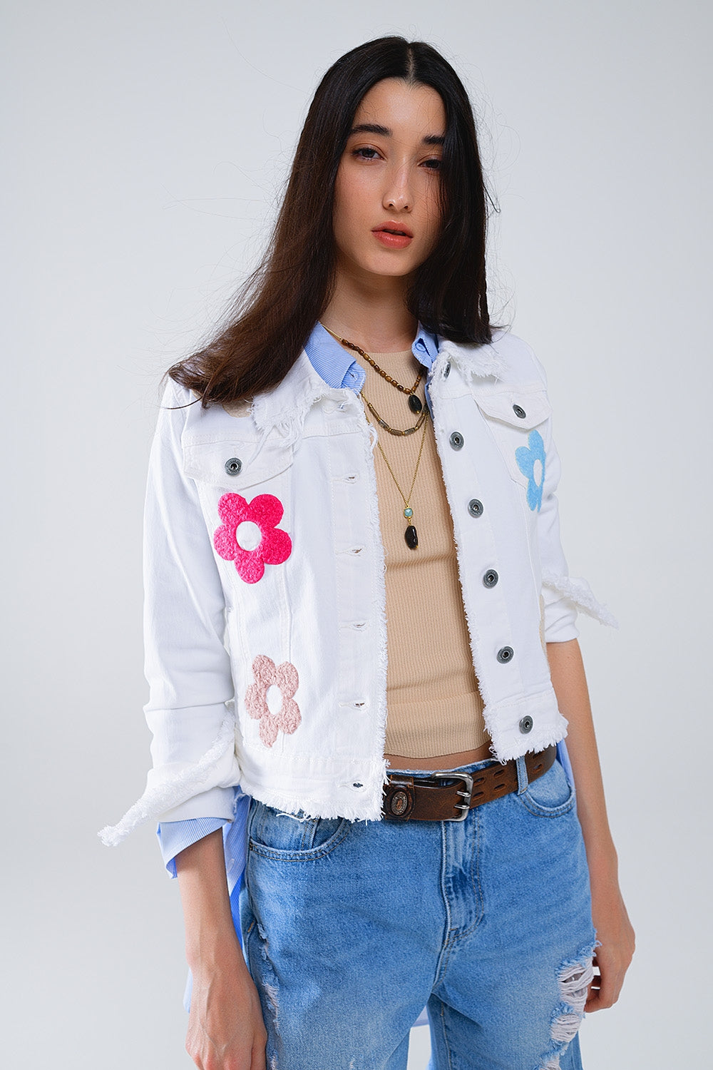 White Denim Jacket With Embroided Flowers - Jackets