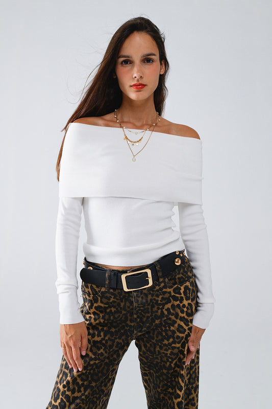 White fine knit sweater with wide boat neck - Jumpers