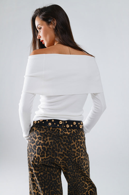 White fine knit sweater with wide boat neck - Jumpers