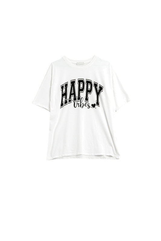 White Happy Vibes Graphic Relaxed T-Shirt - Tops
