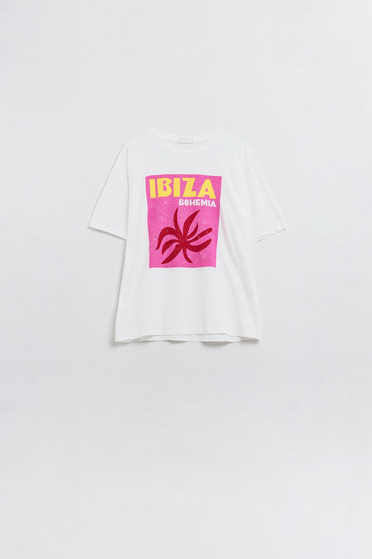 White Ibiza Bohemia Relaxed T-Shirt With Pink Print - T-Shirts