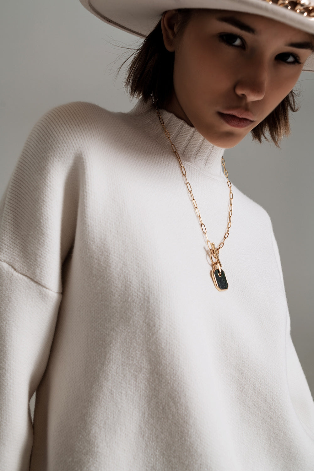 white jumper with black ribbed cuffs and hem Q2 Sweaters BoutiqueLua