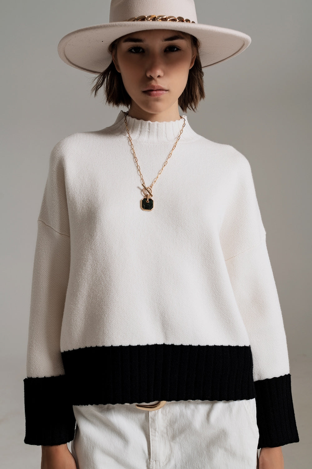 white jumper with black ribbed cuffs and hem Q2 Sweaters BoutiqueLua