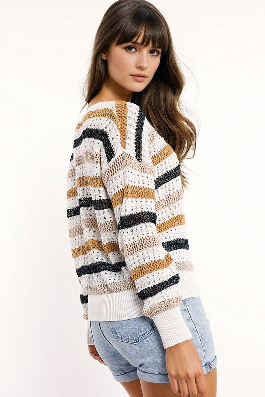 White knit sweater with multicolored stripes - Jumpers