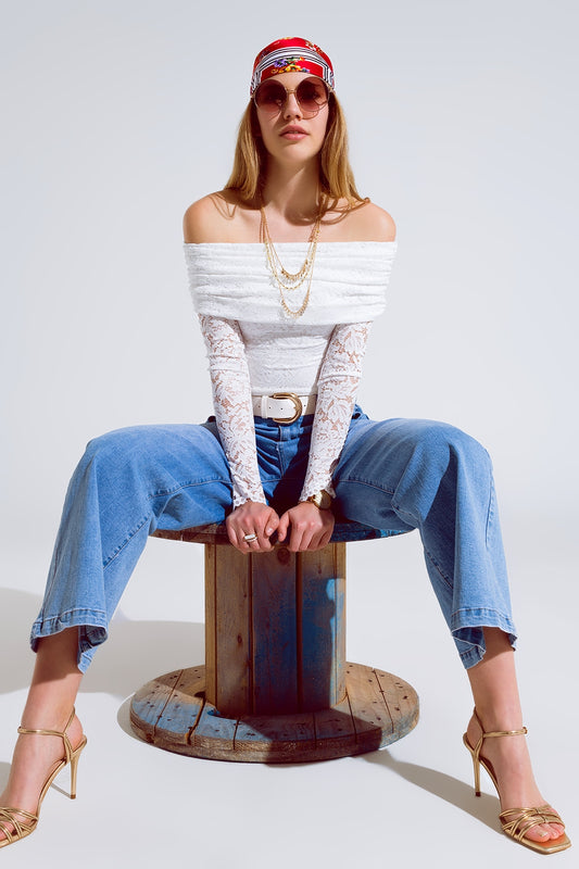 White Lace Bodycon Off The Shoulder Top - Tops