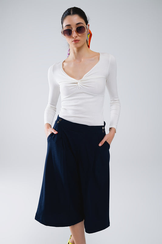 White Long Sleeve Shirt With Knot Detail and V-neck - Jumpers