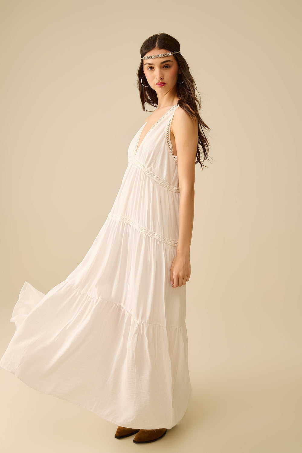 White Maxi Dress With Lace Details and boho style - Dresses