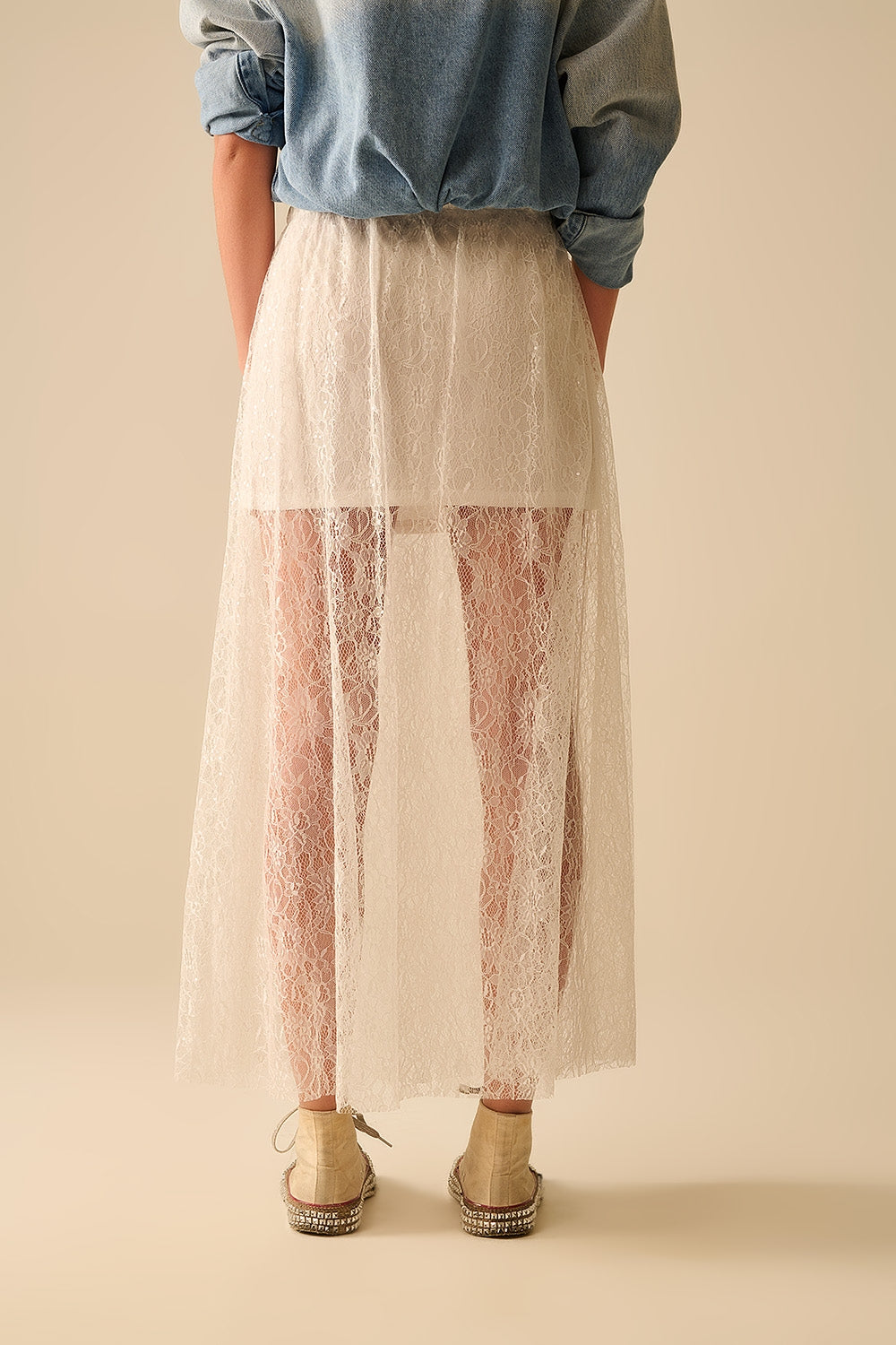 White maxi lace skirt with sequin detail