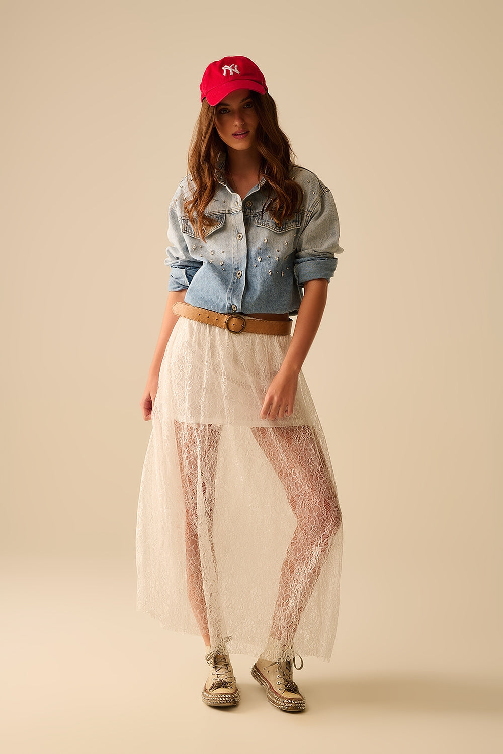 White maxi lace skirt with sequin detail