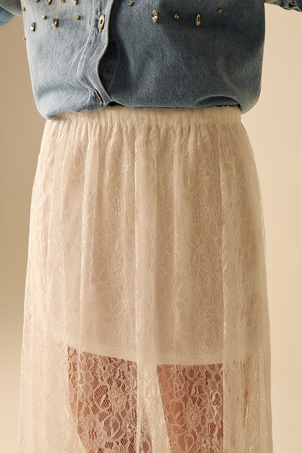 White maxi lace skirt with sequin detail