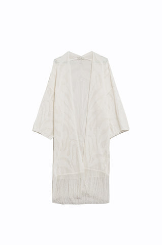 White Maxi Open Cardigan With Fringe Ends