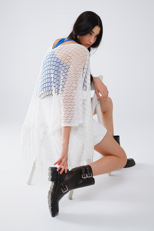 White Open Cardigan With Fringe Ends and 3/4 sleeves - Cardigans