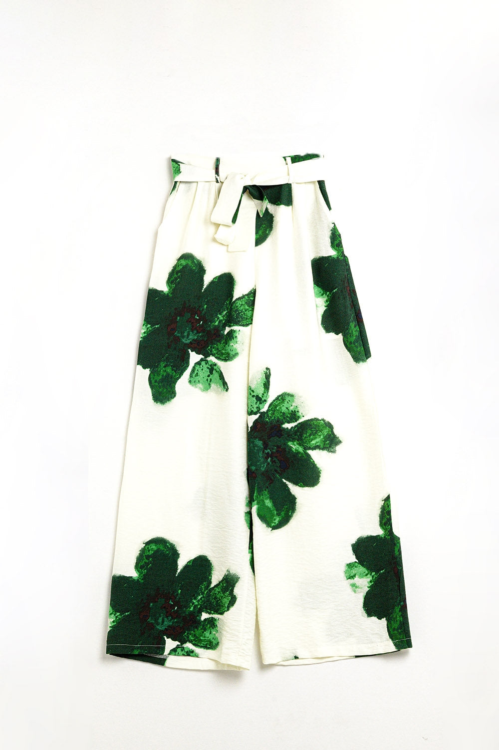 white Palazzo Pants With Green Tropial Flower Print and Matching Belt - Trousers