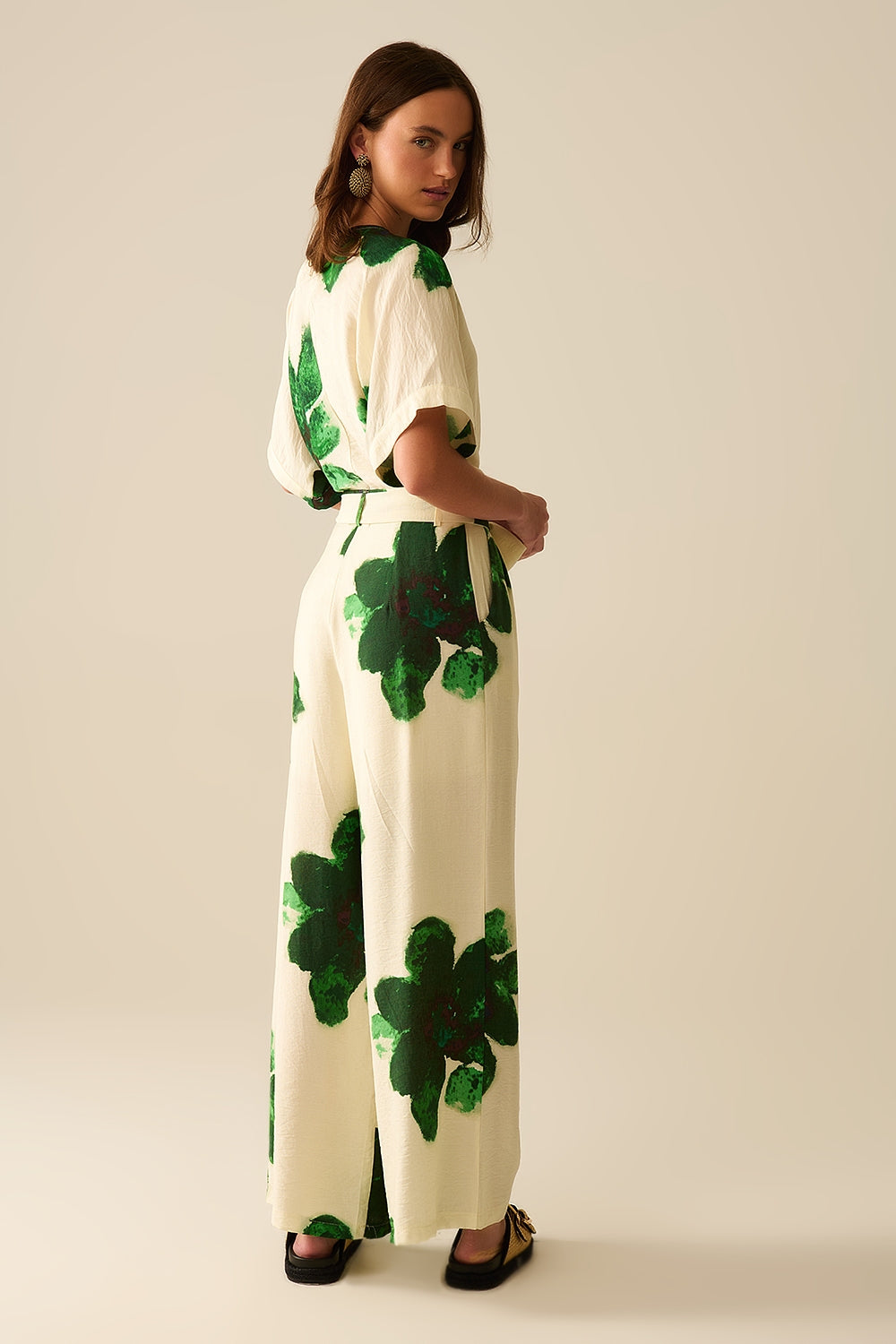 white Palazzo Pants With Green Tropial Flower Print and Matching Belt - Trousers