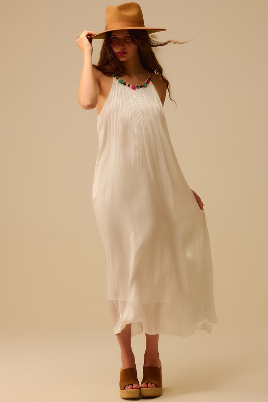 White Pleated Halter long Dress with Beaded Neckline - Dresses