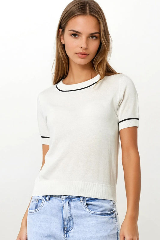 White Short Sleeve Knit Top with Black Contrast Trims - Sweaters