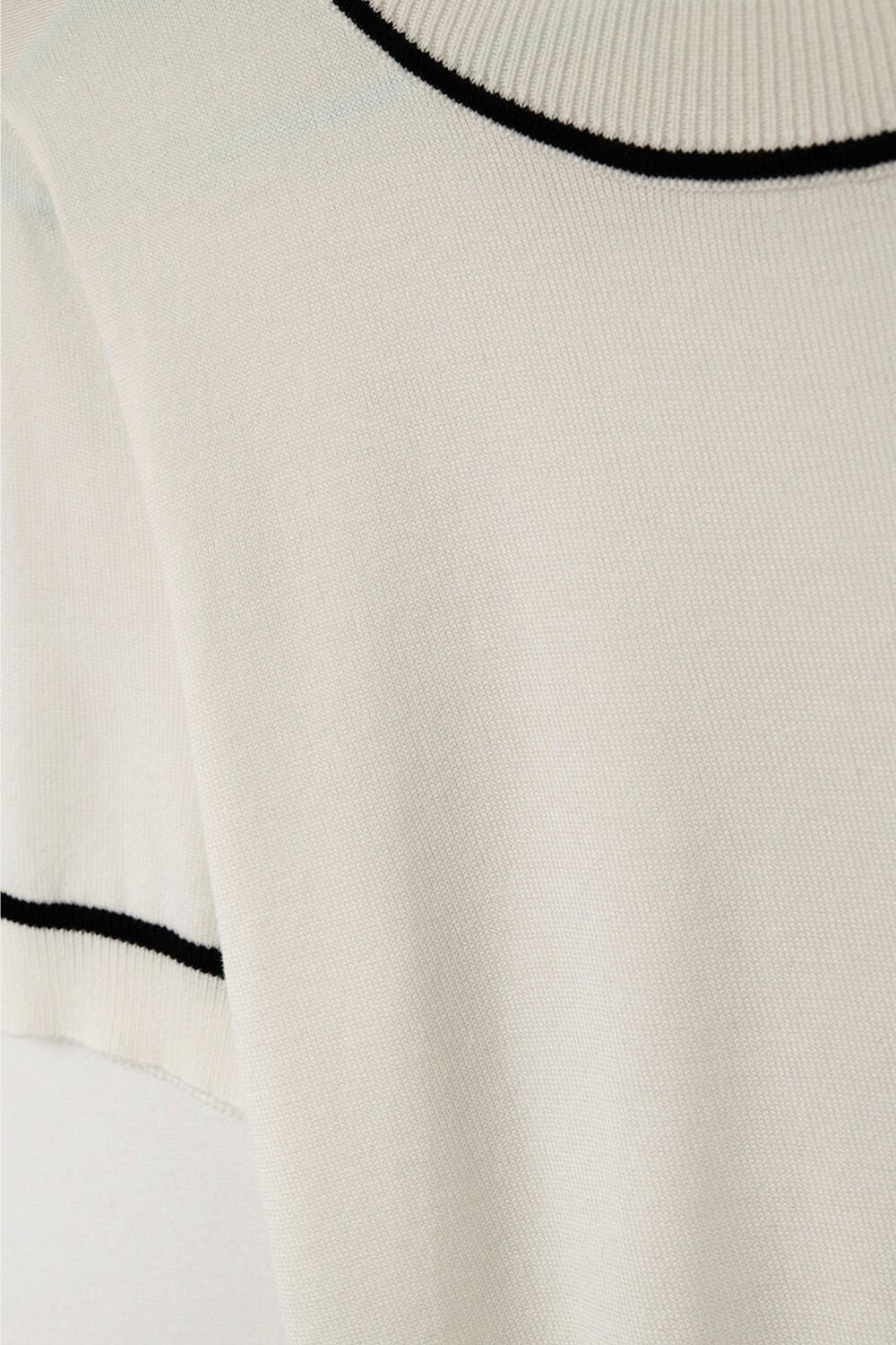 White Short Sleeve Knit Top with Black Contrast Trims - Sweaters