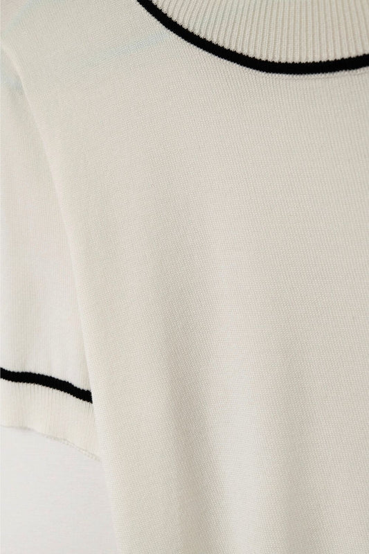 White Short Sleeve Knit Top with Black Contrast Trims - Sweaters