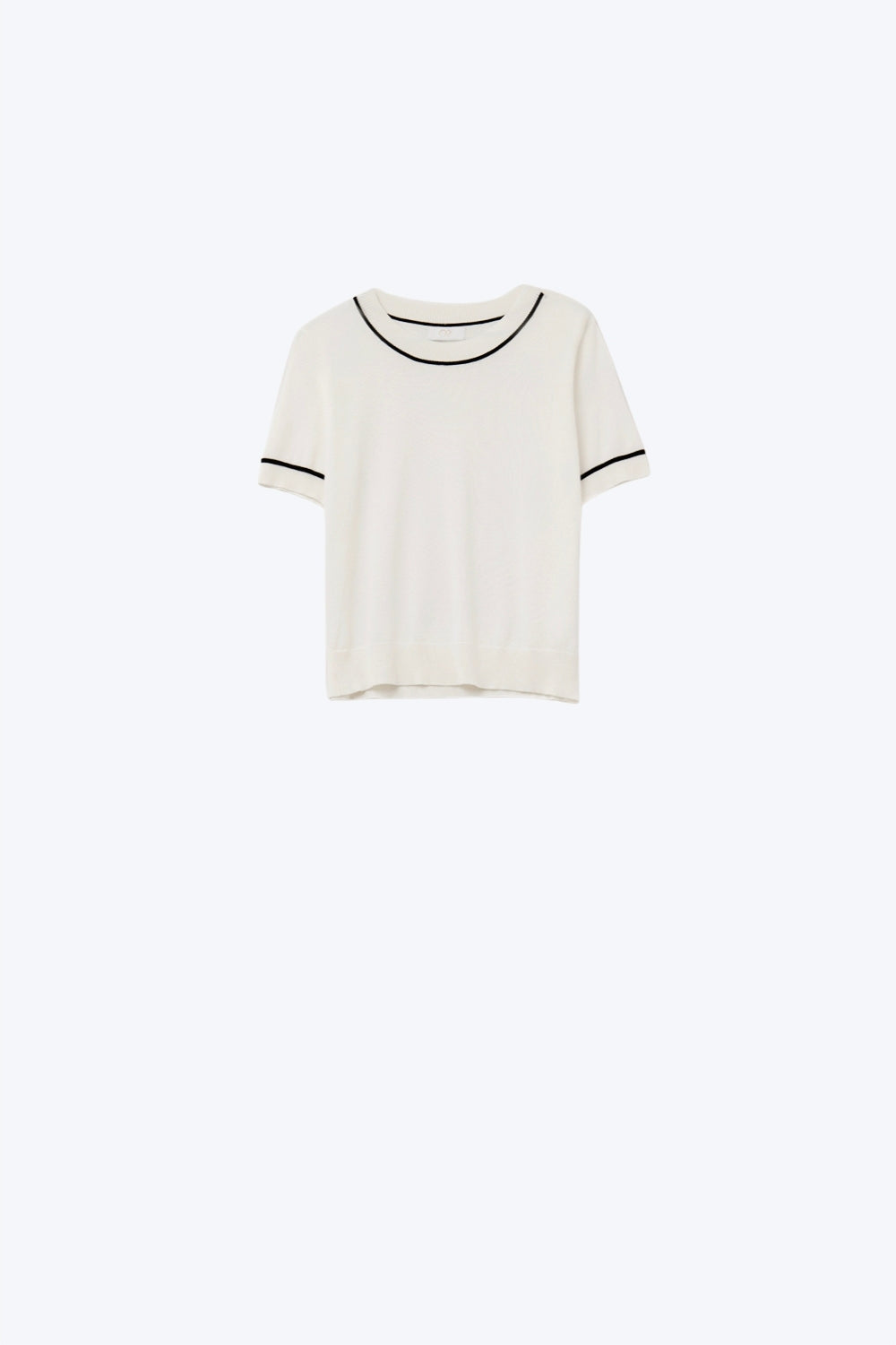 White Short Sleeve Knit Top with Black Contrast Trims - Sweaters