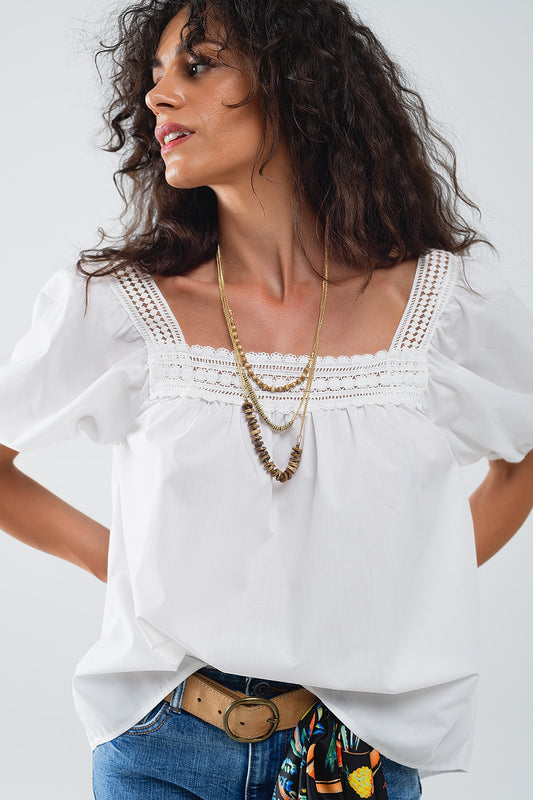 White Top With Square Neckline And Short Sleeves - Tops