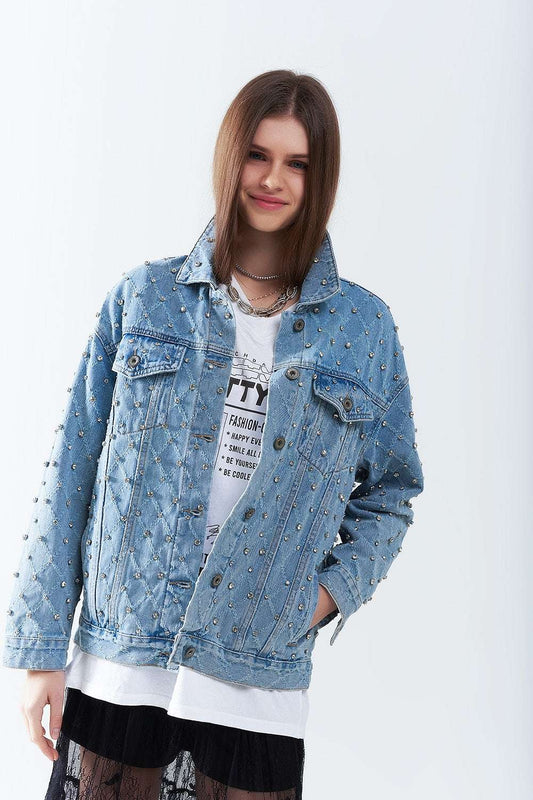 Wide denim jacket with rhinestones in a diamond pattern - Jackets