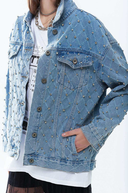 Wide denim jacket with rhinestones in a diamond pattern - Jackets