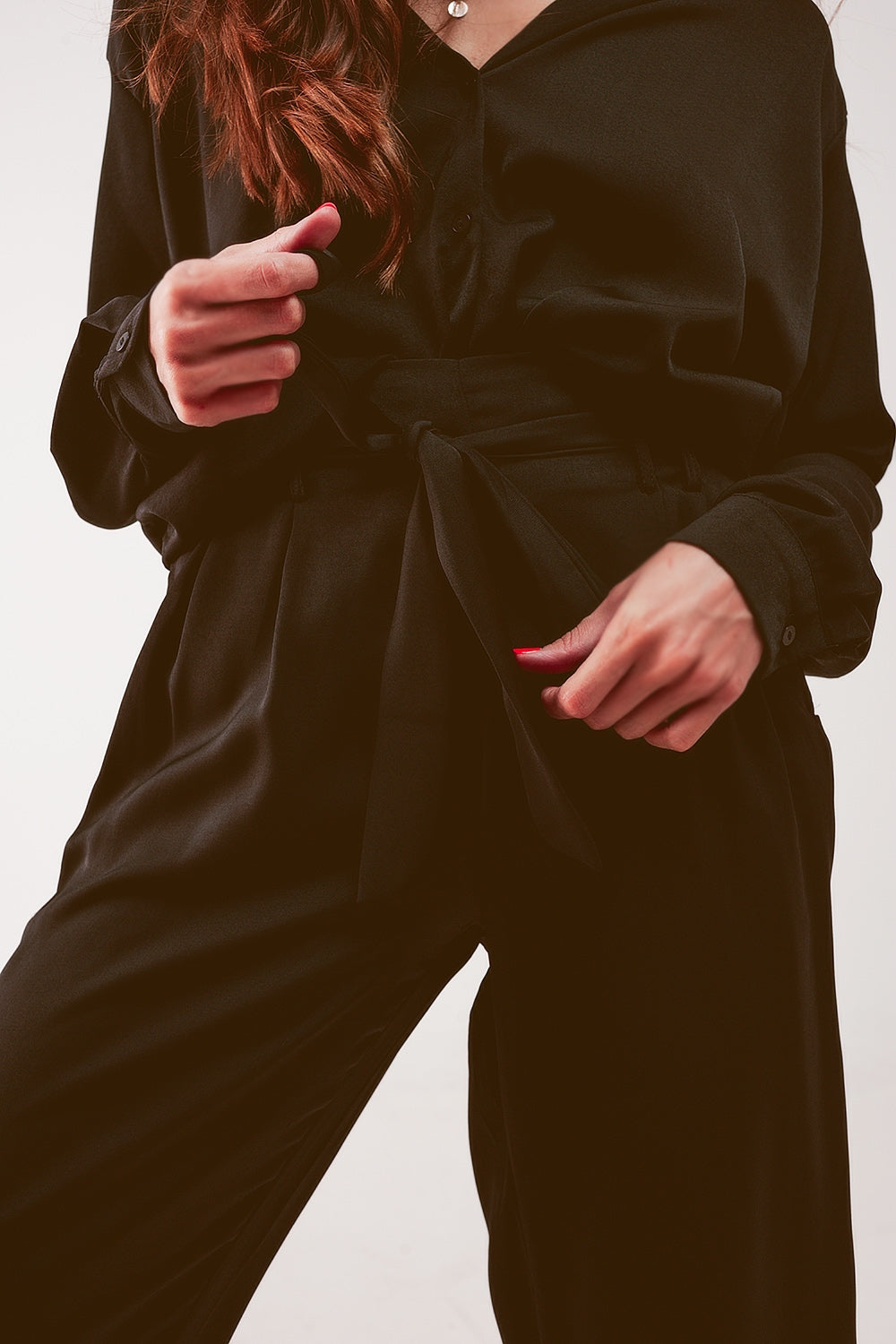 Wide leg belted pants in black Q2 Pants BoutiqueLua