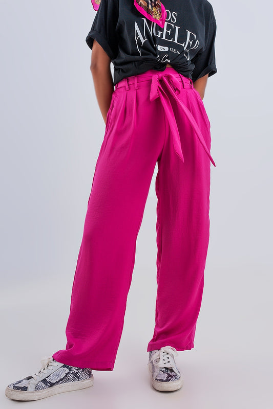 Wide leg belted pants in fuchsia - Pants