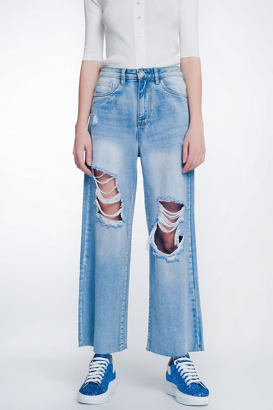 wide leg cropped raw hem jeans in light blue - Jeans