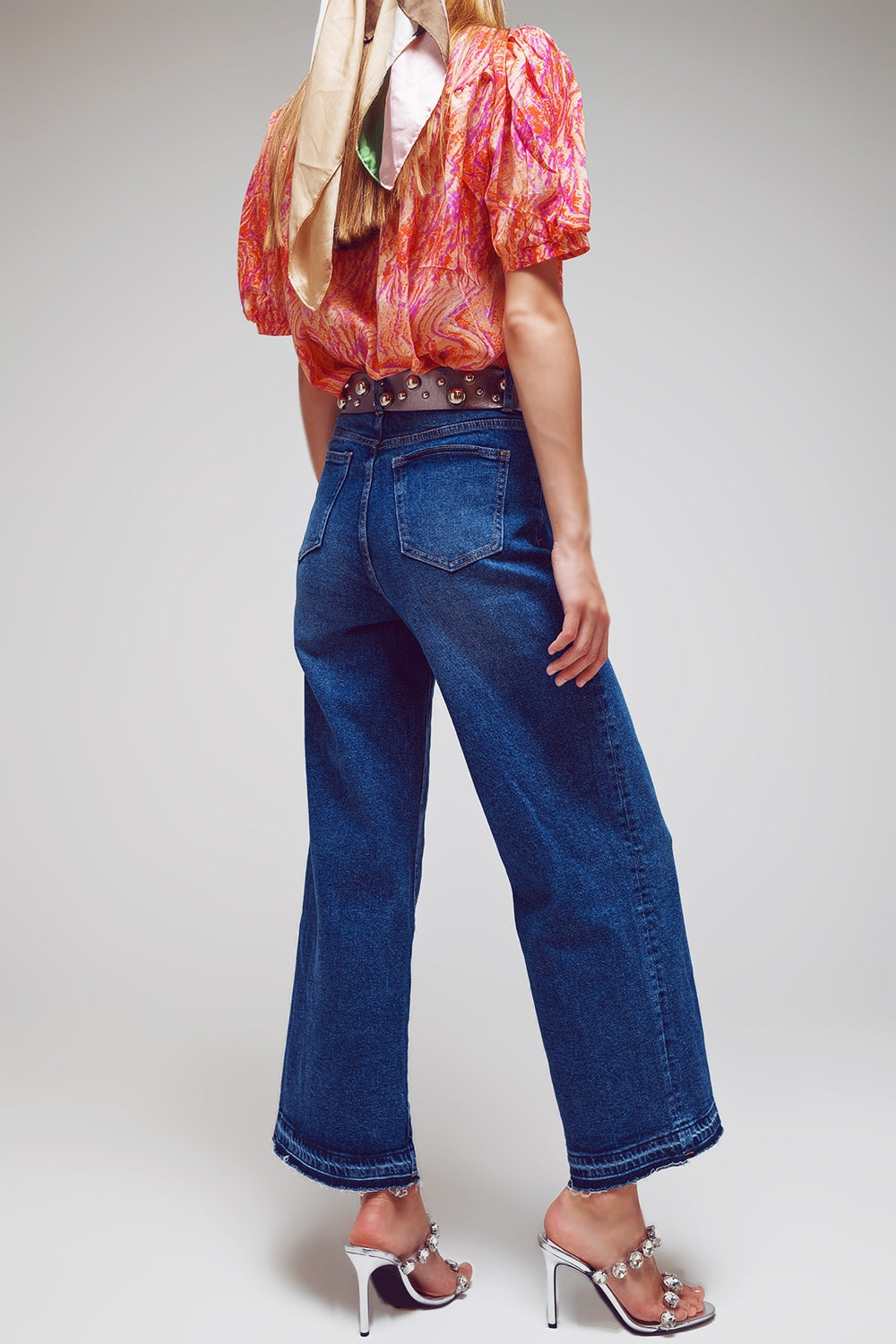 Wide Leg Jeans With Hem Detail in Mid Wash - Jeans