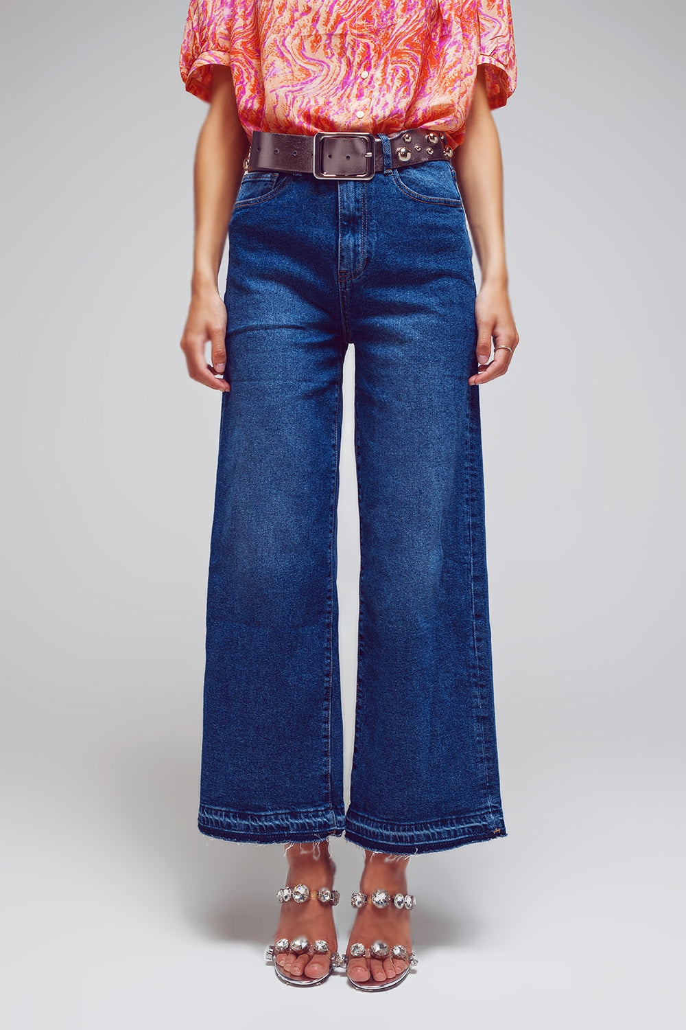 Wide Leg Jeans With Hem Detail in Mid Wash - Jeans