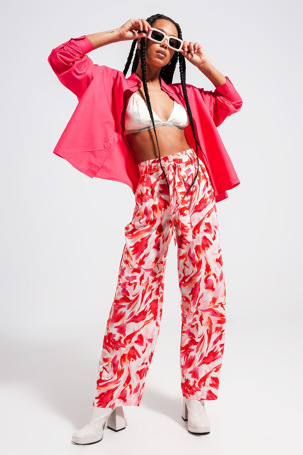 Wide leg pants with belt in fuchsia - Pants