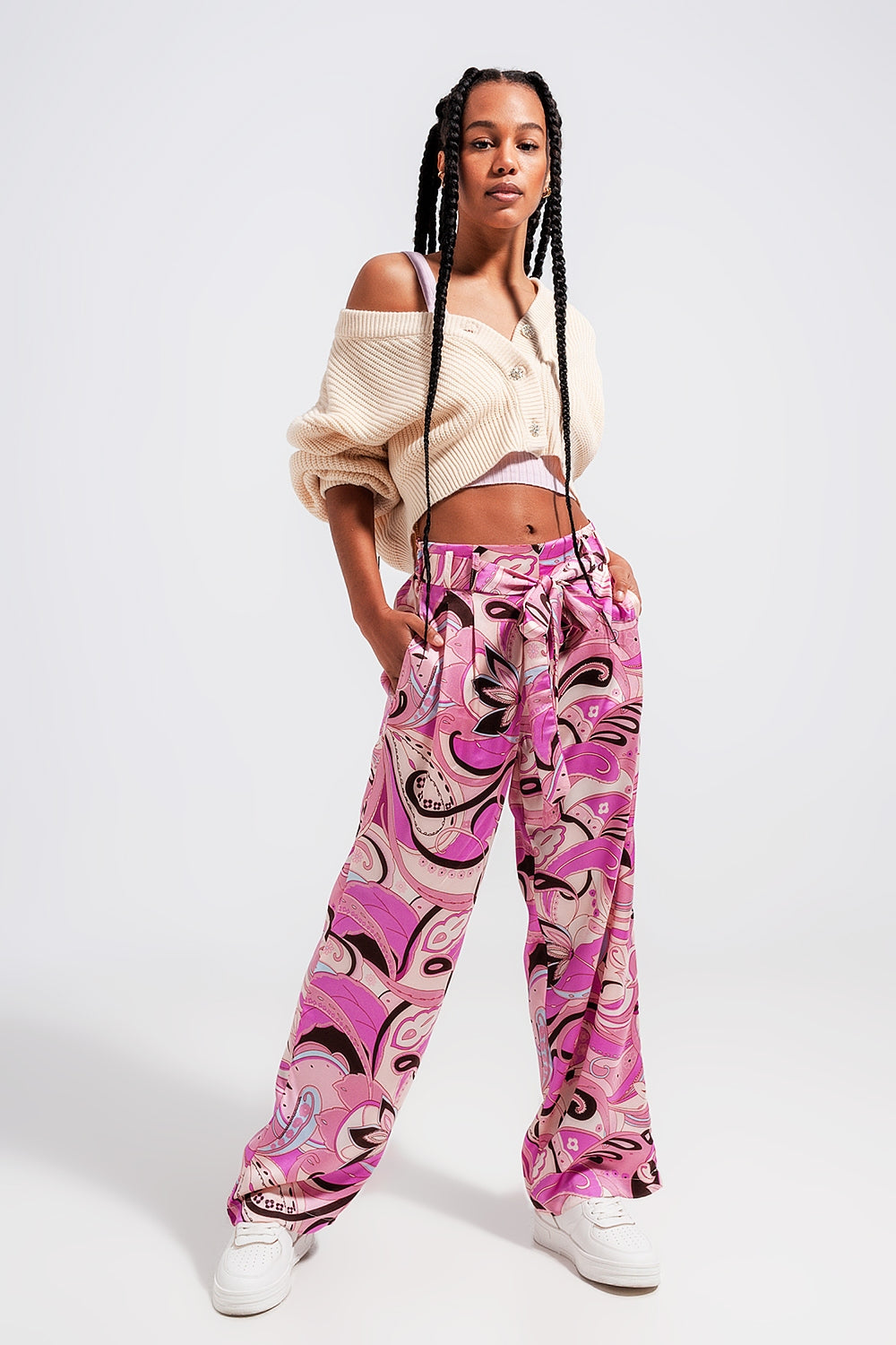 Wide leg pants with belt in pink - Trousers