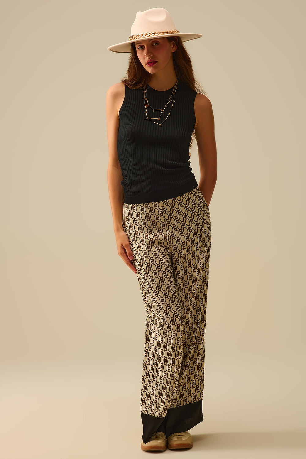 Wide-Leg Printed Pants with Chain Motif - Pants