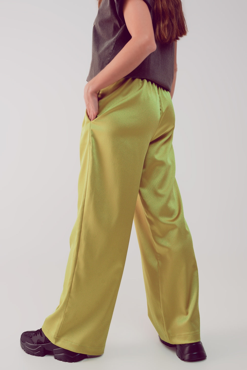 wide leg satin pants in acid lime Q2 Pants BoutiqueLua