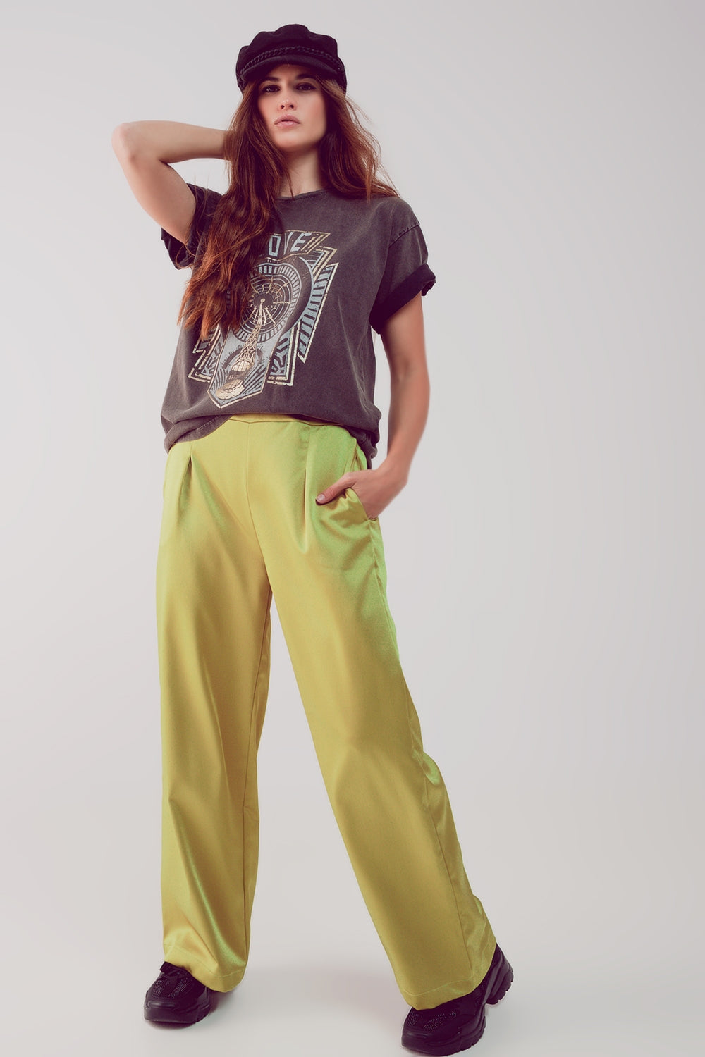 wide leg satin pants in acid lime Q2 Pants BoutiqueLua