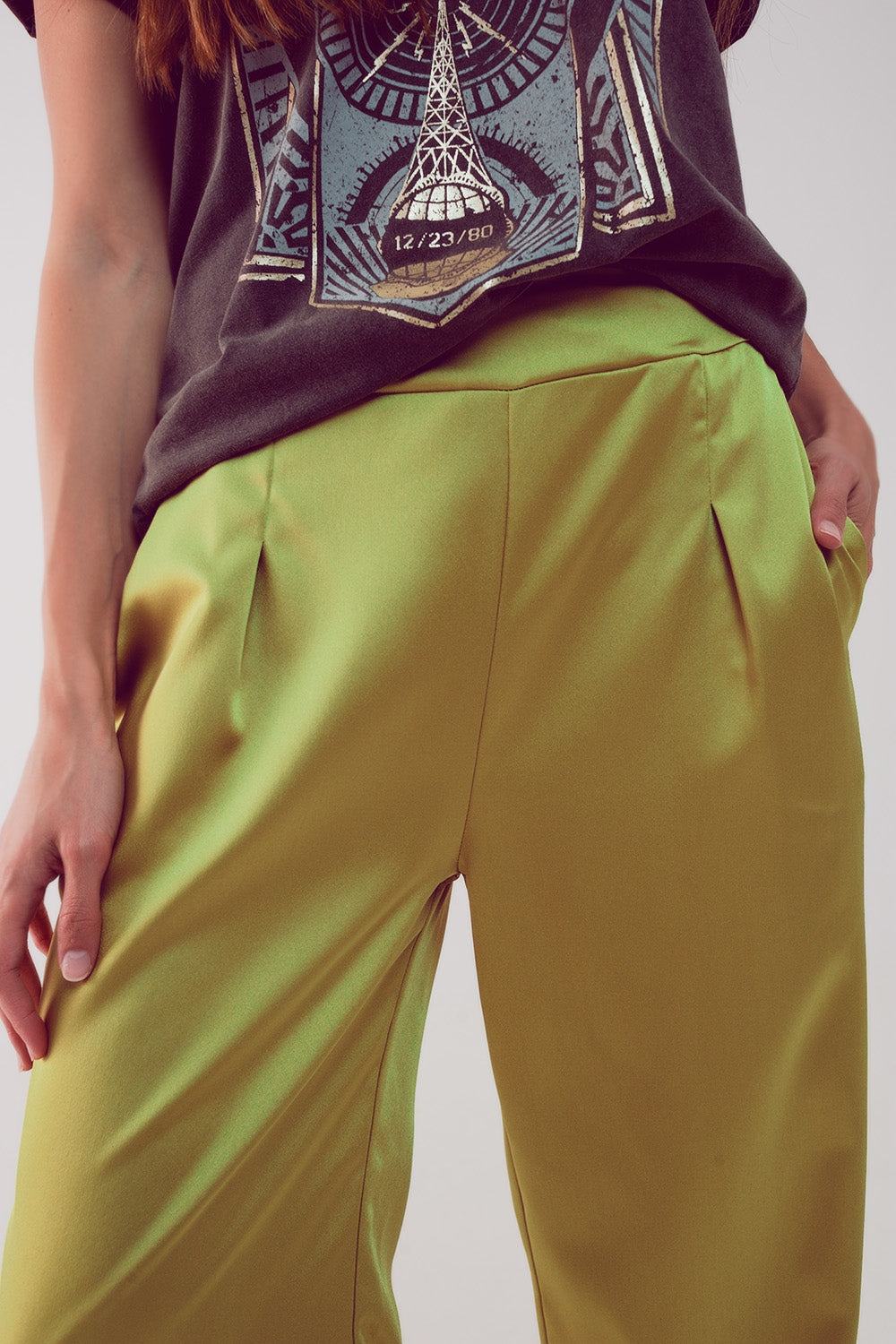 wide leg satin pants in acid lime Q2 Pants BoutiqueLua