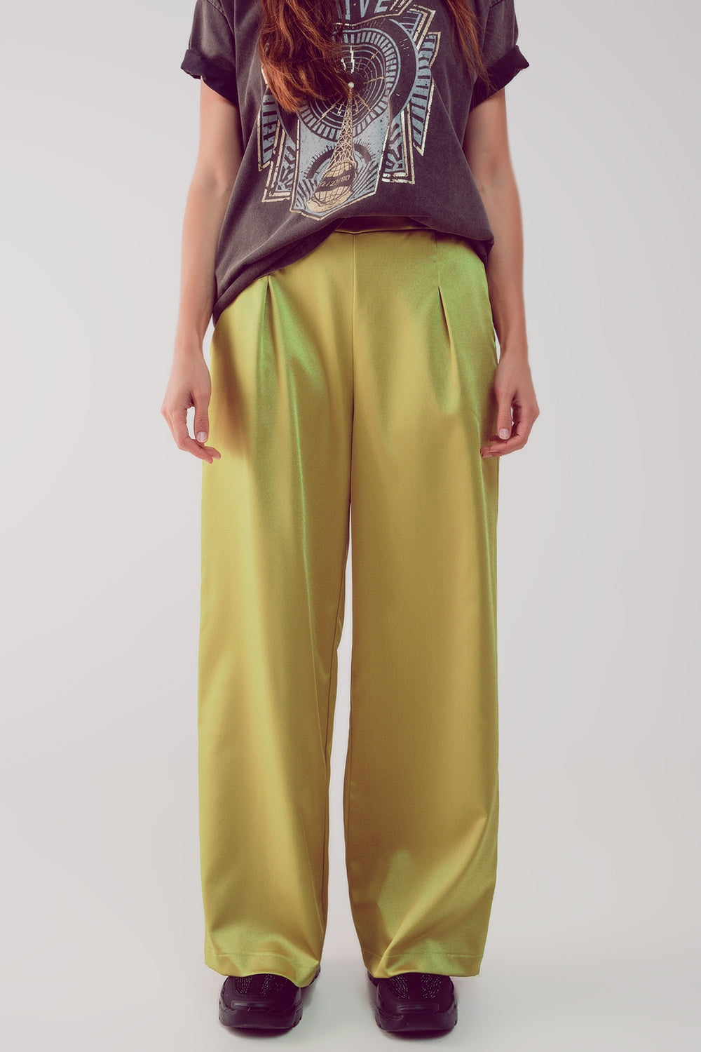wide leg satin pants in acid lime Q2 Pants BoutiqueLua