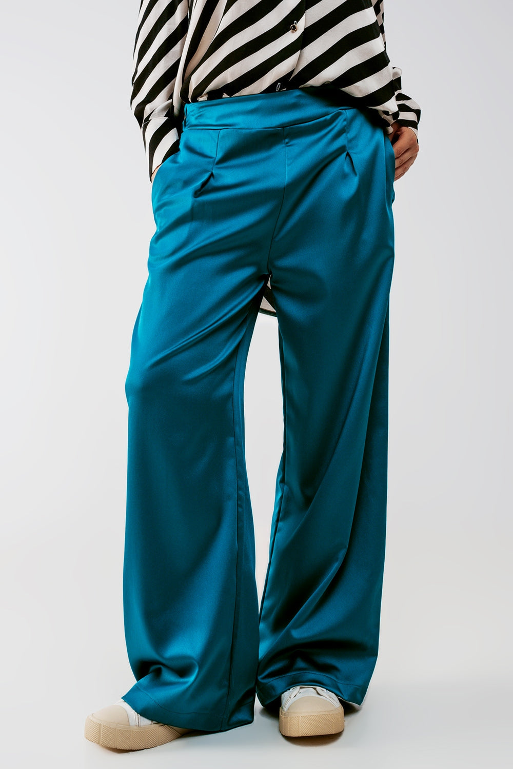 wide leg satin pants in blue Q2 Pants BoutiqueLua