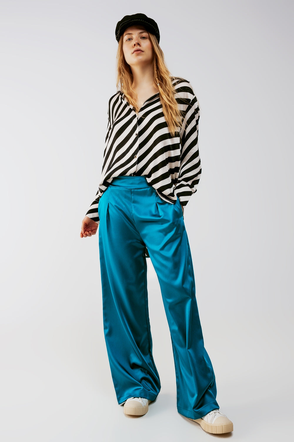 wide leg satin pants in blue Q2 Pants BoutiqueLua