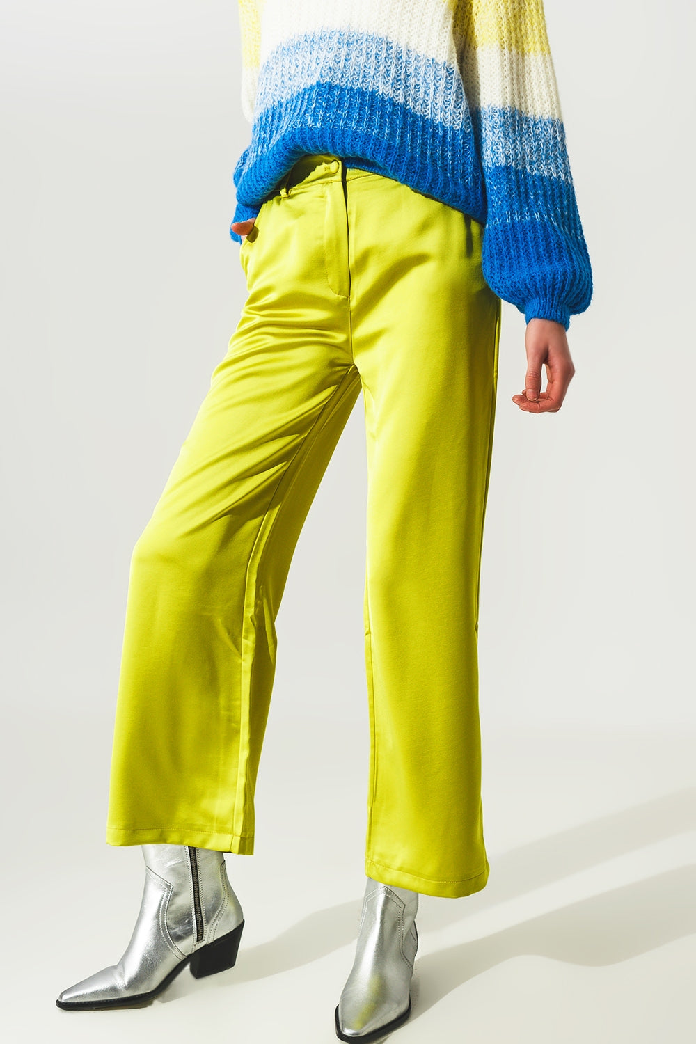 Wide leg satin pants in lime green Q2 Pants BoutiqueLua
