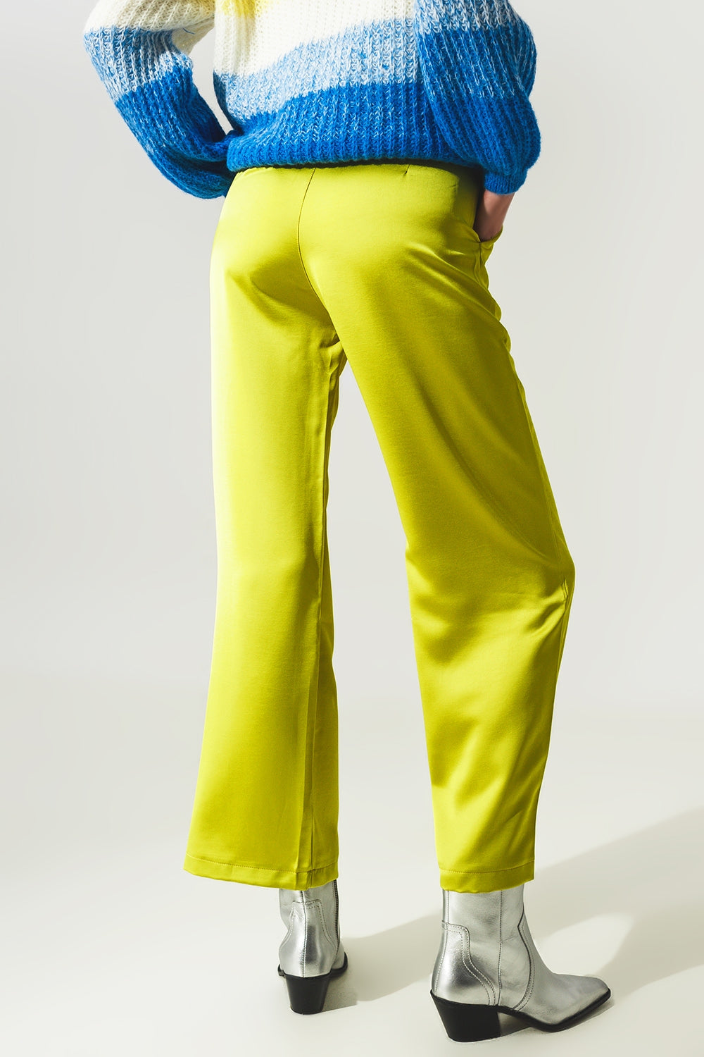 Wide leg satin pants in lime green Q2 Pants BoutiqueLua