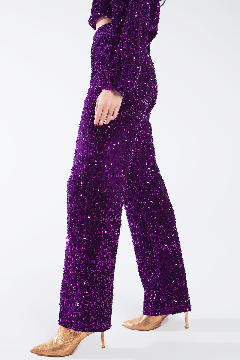 Wide Leg Sequin Pants With Side Pockets In Purple Q2 Pants BoutiqueLua