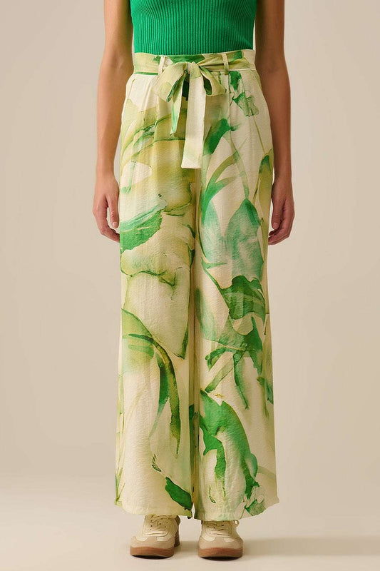 Wide Leg Trousers with Green Watercolor Print - Pants