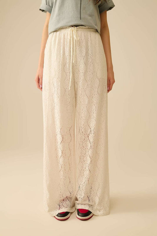 wide-legged lace pants with elastic waistband - Pants